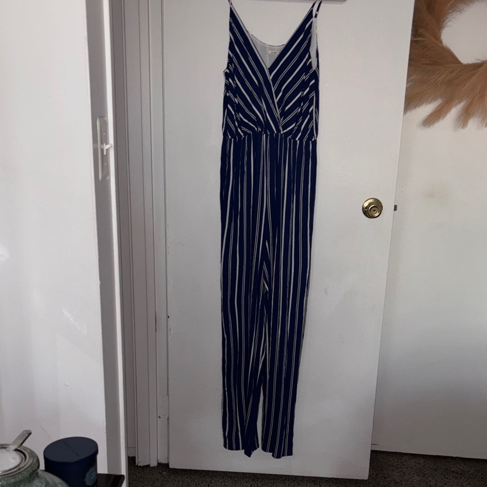 Francesca's Collections Navy and White Striped Jumpsuit